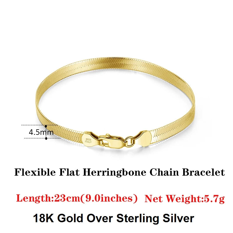 18K Gold Plated 925 Sterling Silver Italian 4.5mm Flexible Flat Herringbone Chain Bracelet