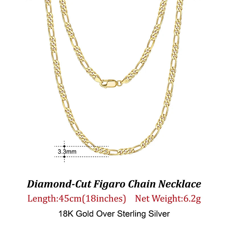 Dazzle Dime® 925 Sterling Silver Figaro Chain Necklace for Men & Women – 3.3mm/5mm/7mm | Rhodium/Gold Plated | Trendy Statement Jewelry