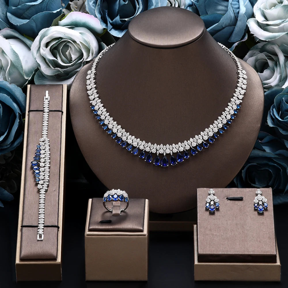 Brides Accessories Tassel Water Drop Necklace Earring - Luxury White Cubic Zirconia Bridal Jewelry Set 4Pcs Set for Wedding Party