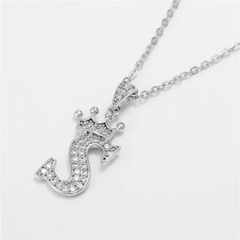 Crown Moissanite Alphabet Pendant Necklace – 925 Sterling Silver A-Z Initials with Gold Plating