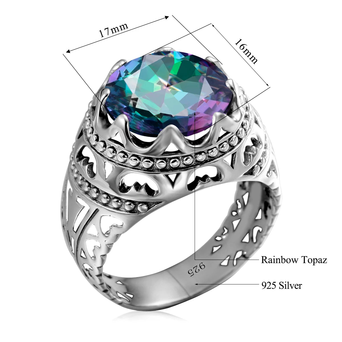 Dazzle Dime® Vintage Mystic Topaz Ring for Men | Genuine 925 Sterling Silver Round Cut Gemstone
