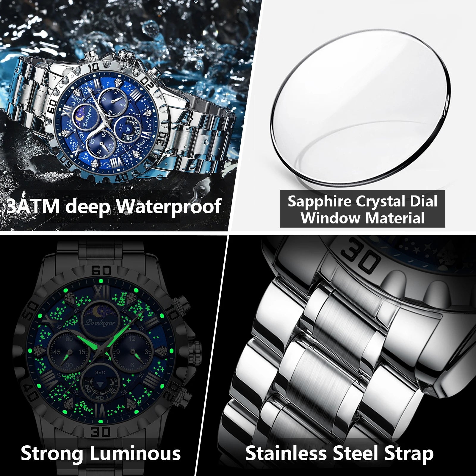 Luxury Quartz Sports Watch for Men | Waterproof Luminous Stainless Steel Chronograph by POEDAGAR