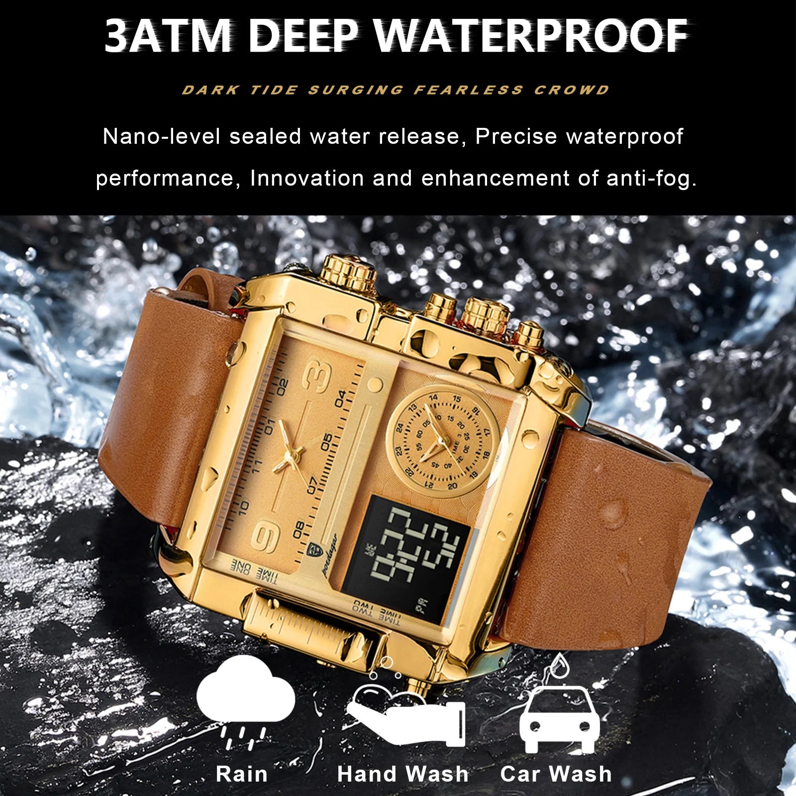 POEDAGAR Luxury Men's Wristwatch - Rectangle Waterproof Luminous Day Week Multifunction Digital Watch Quartz Reloj