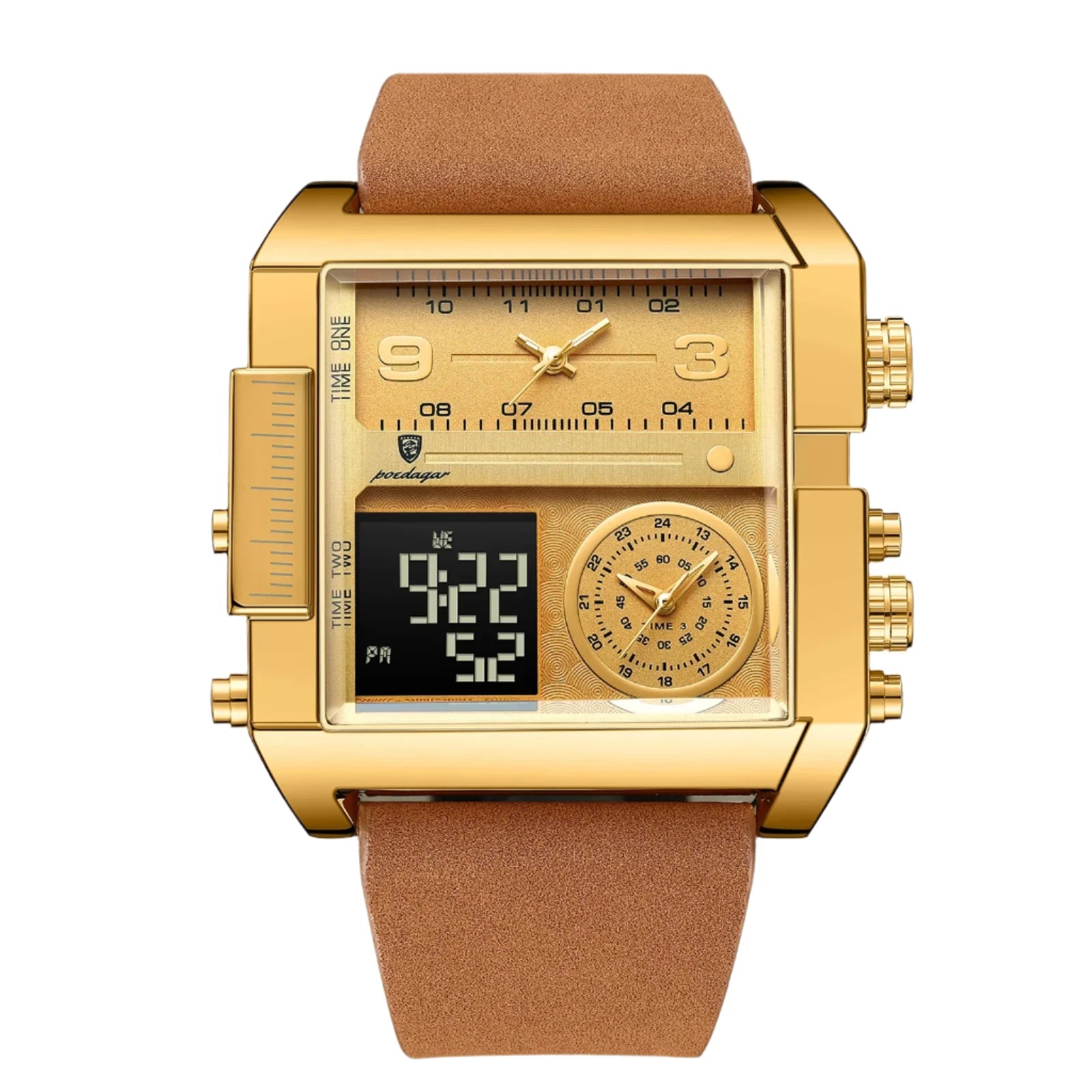POEDAGAR Luxury Men's Wristwatch - Rectangle Waterproof Luminous Day Week Multifunction Digital Watch Quartz Reloj