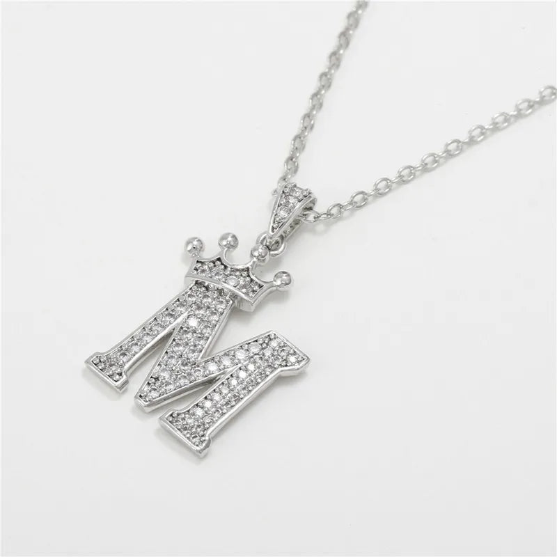 Crown Moissanite Alphabet Pendant Necklace – 925 Sterling Silver A-Z Initials with Gold Plating