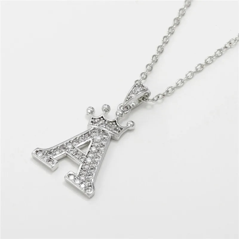 Crown Moissanite Alphabet Pendant Necklace – 925 Sterling Silver A-Z Initials with Gold Plating