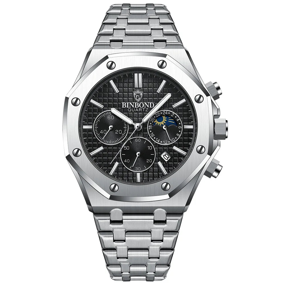 Luxury Stainless Steel Business Watch for Men | Waterproof Quartz Wrist Watch with Date Function Made by BINBOND