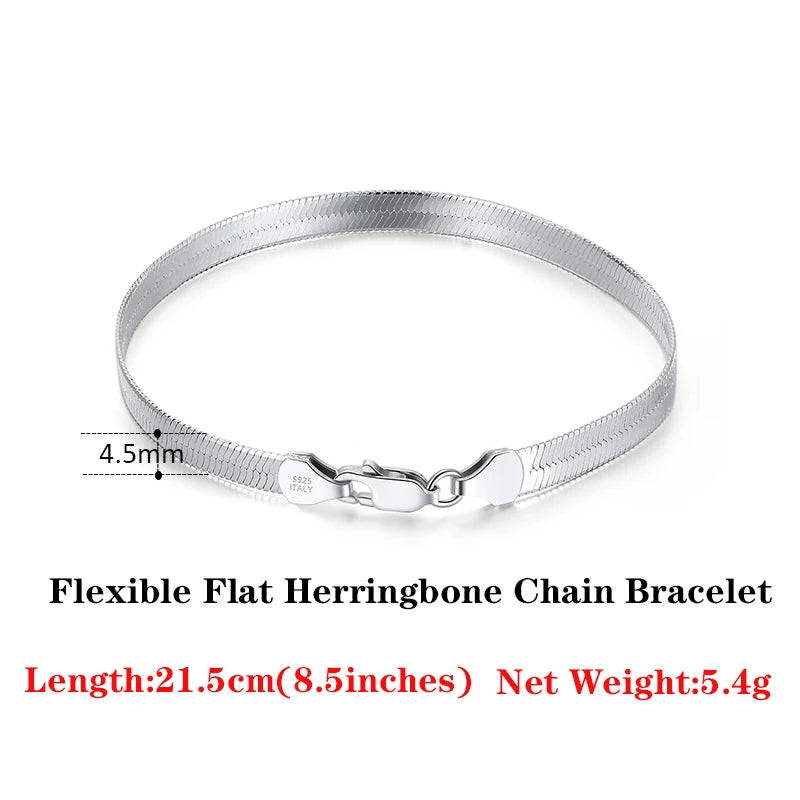 18K Gold Plated 925 Sterling Silver Italian 4.5mm Flexible Flat Herringbone Chain Bracelet