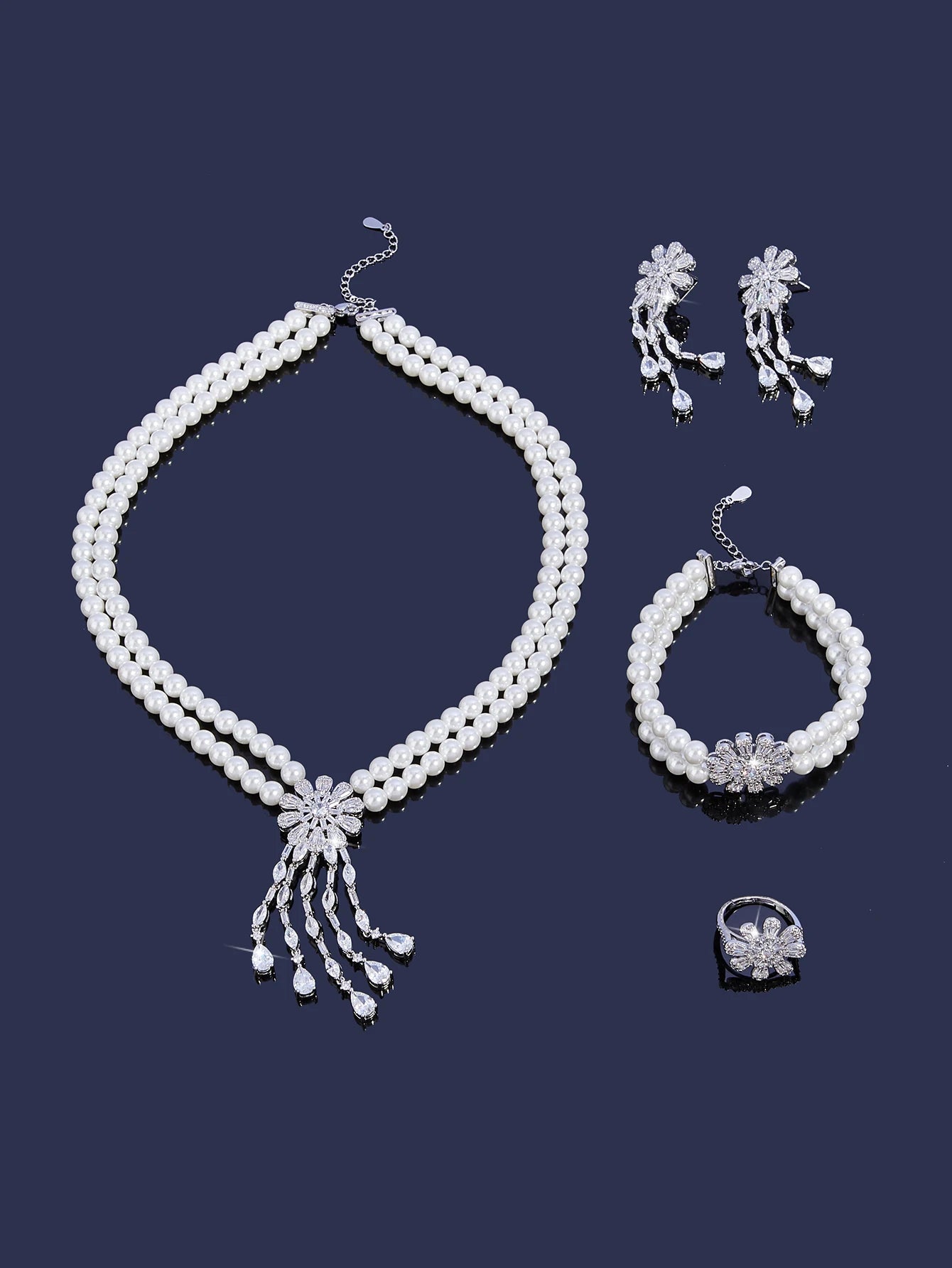 Pearl Tassel & Full Zircon Bridal Jewelry Set – Trendy Dubai-Inspired Necklace, Earrings, Bracelet & Ring for Women | Wedding & Party Gift