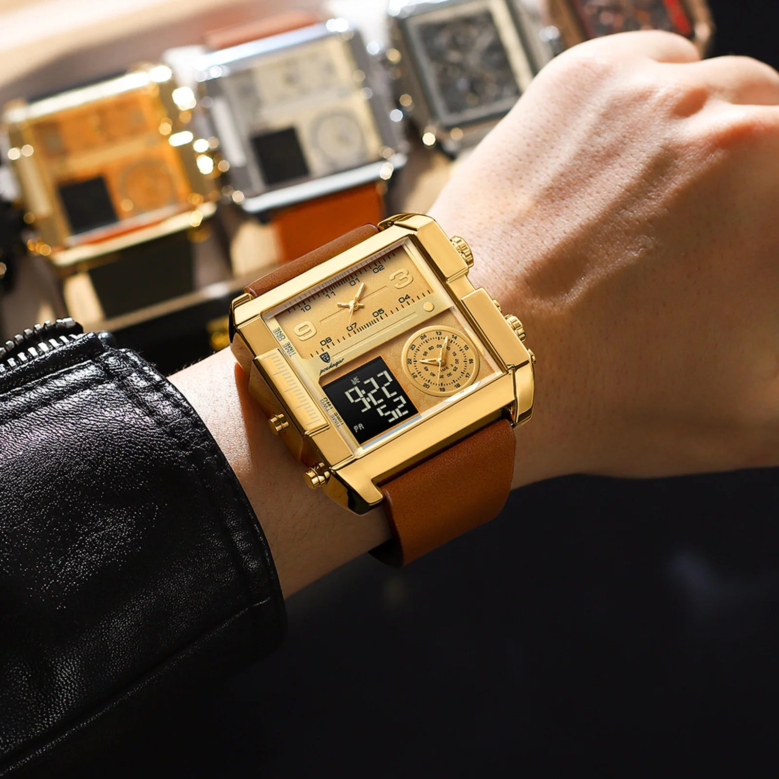 POEDAGAR Luxury Men's Wristwatch - Rectangle Waterproof Luminous Day Week Multifunction Digital Watch Quartz Reloj