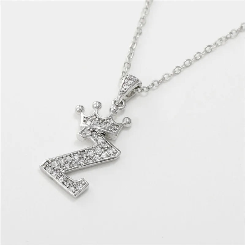 Crown Moissanite Alphabet Pendant Necklace – 925 Sterling Silver A-Z Initials with Gold Plating