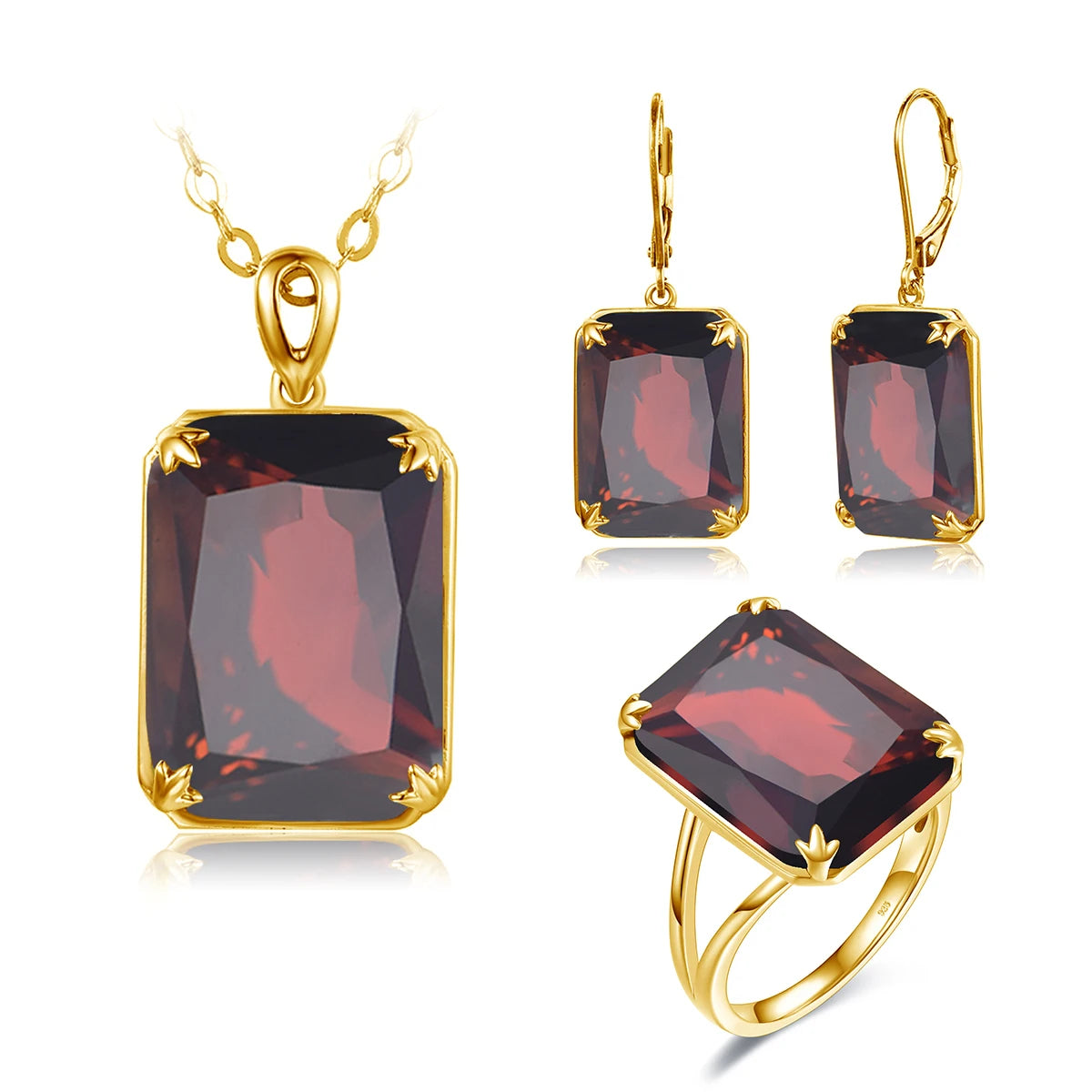 Dazzle Dime® Vintage Ruby Jewelry Set – 925 Sterling Silver Gold-Plated Necklace, Earrings, and Ring