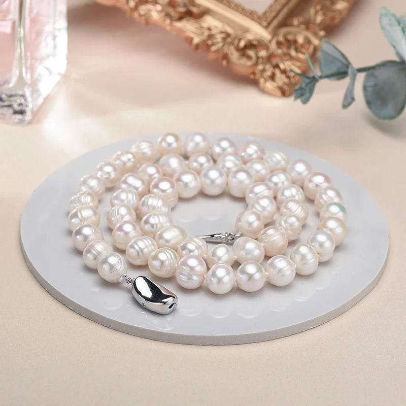 Dazzle Dime® Baroque White Freshwater Pearl Necklace – 925 Sterling Silver, 8–10MM Cultured Pearls, Elegant Gift for Women