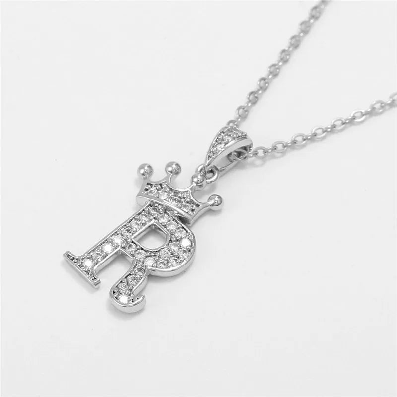 Crown Moissanite Alphabet Pendant Necklace – 925 Sterling Silver A-Z Initials with Gold Plating