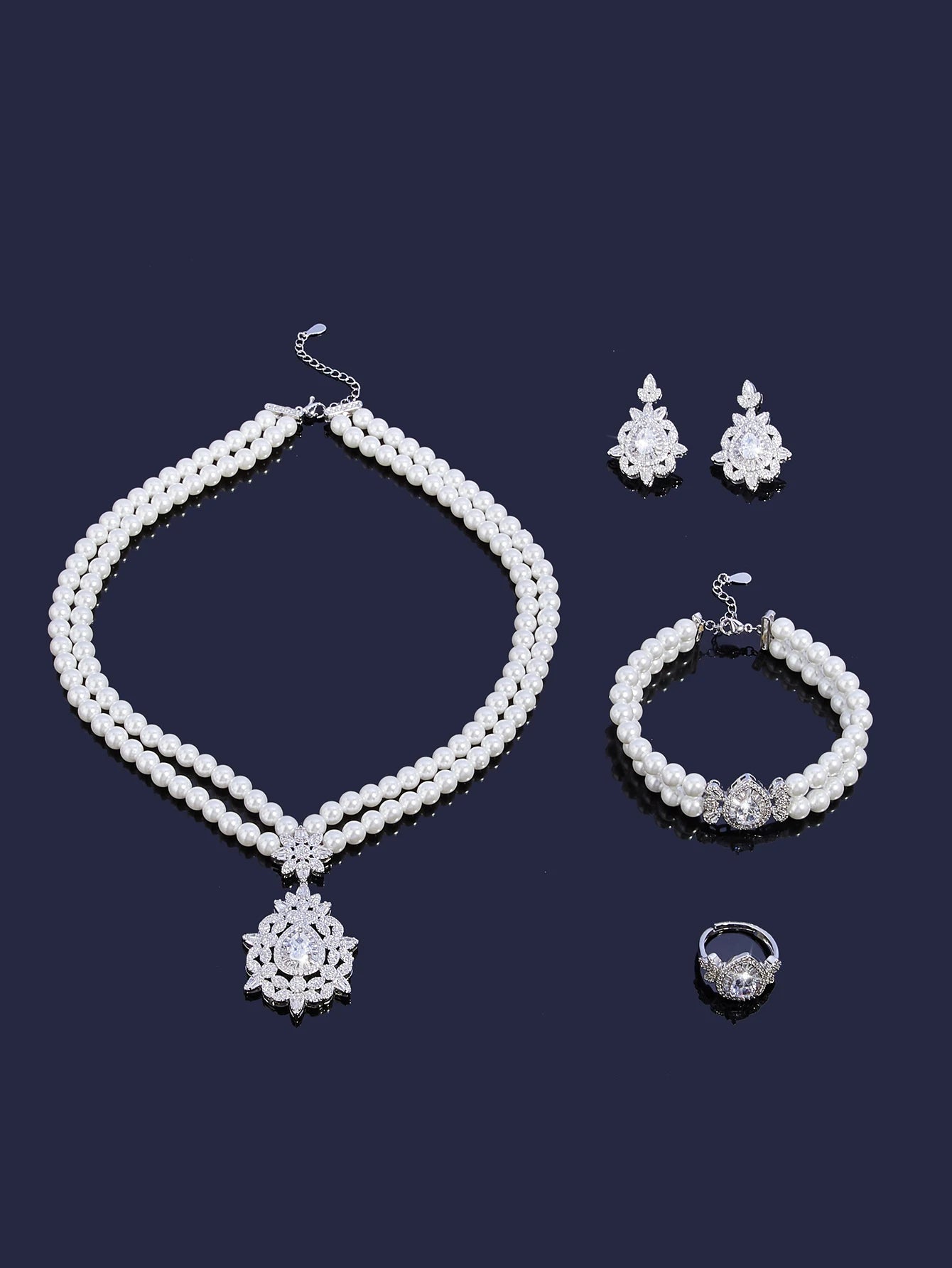 Pearl Tassel & Full Zircon Bridal Jewelry Set – Trendy Dubai-Inspired Necklace, Earrings, Bracelet & Ring for Women | Wedding & Party Gift