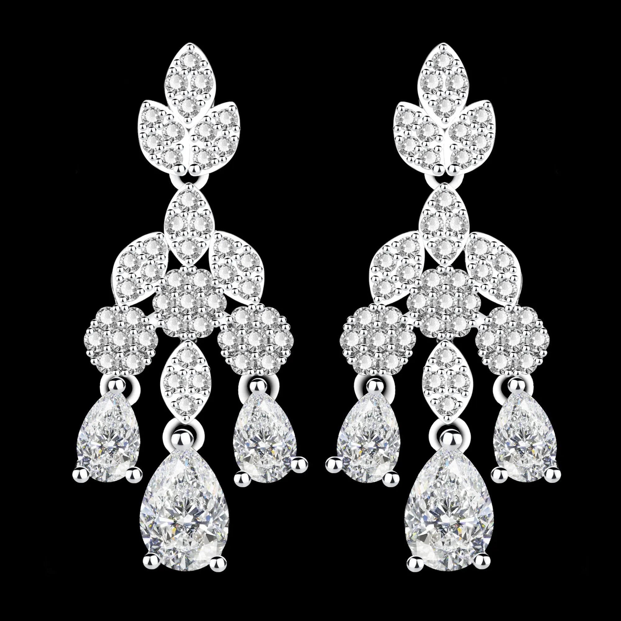 Brides Accessories Tassel Water Drop Necklace Earring - Luxury White Cubic Zirconia Bridal Jewelry Set 4Pcs Set for Wedding Party
