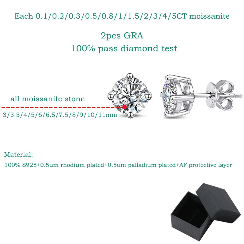 0.1-5CT Moissanite Stud Earrings | GRA Certified | S925 Silver Platinum Plated for Men & Women | Bridal Wedding Diamond Studs