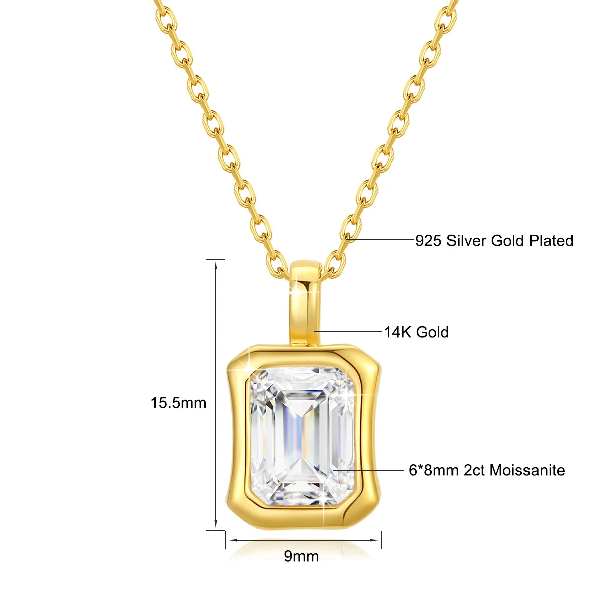 Dazzle Dime® 14K Gold Moissanite Necklace | 2CT Emerald Cut Pendant | VVS1 Quality for Weddings & Anniversaries