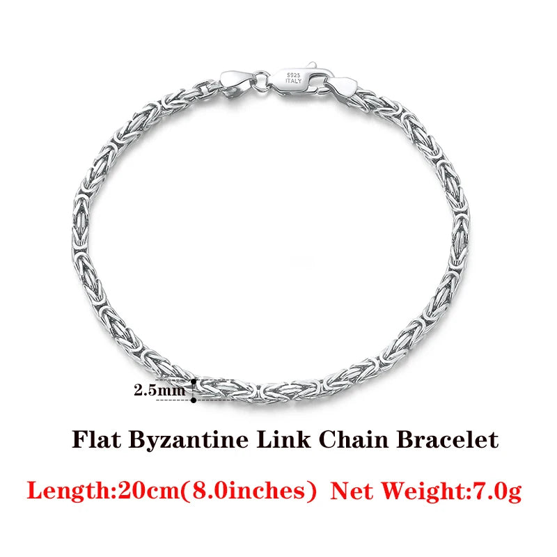 Luxury 925 Sterling Silver Italian 2.5mm Flat Byzantine Link Chain Bracelet for Women