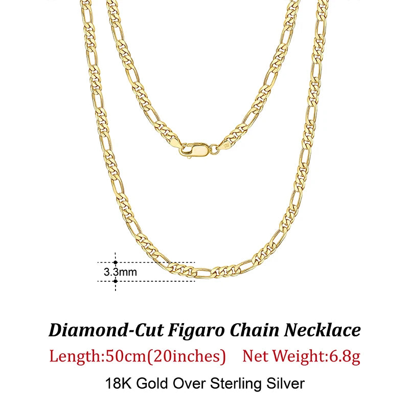 Dazzle Dime® 925 Sterling Silver Figaro Chain Necklace for Men & Women – 3.3mm/5mm/7mm | Rhodium/Gold Plated | Trendy Statement Jewelry