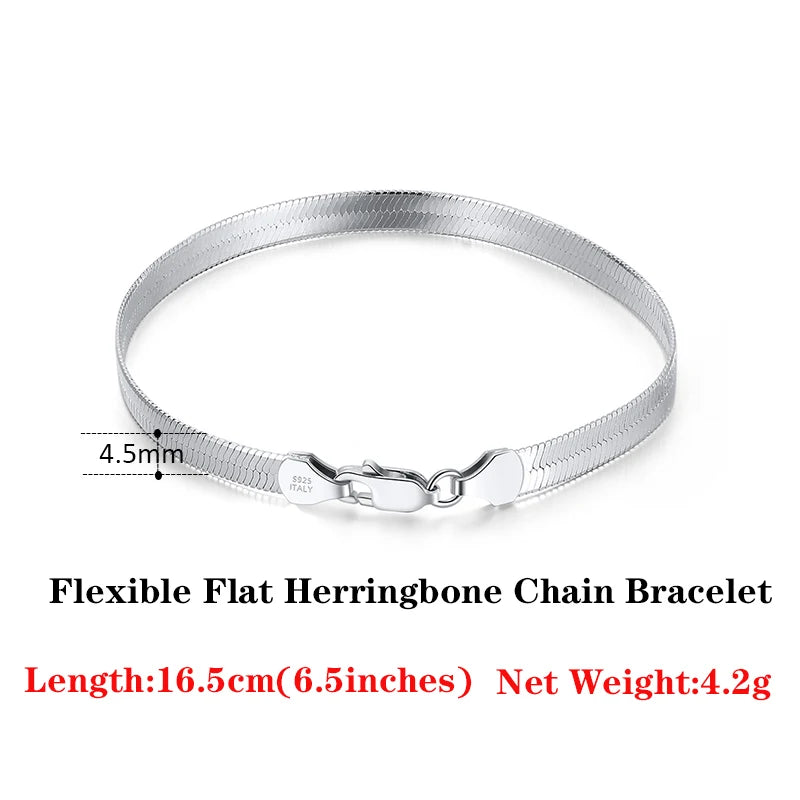 18K Gold Plated 925 Sterling Silver Italian 4.5mm Flexible Flat Herringbone Chain Bracelet