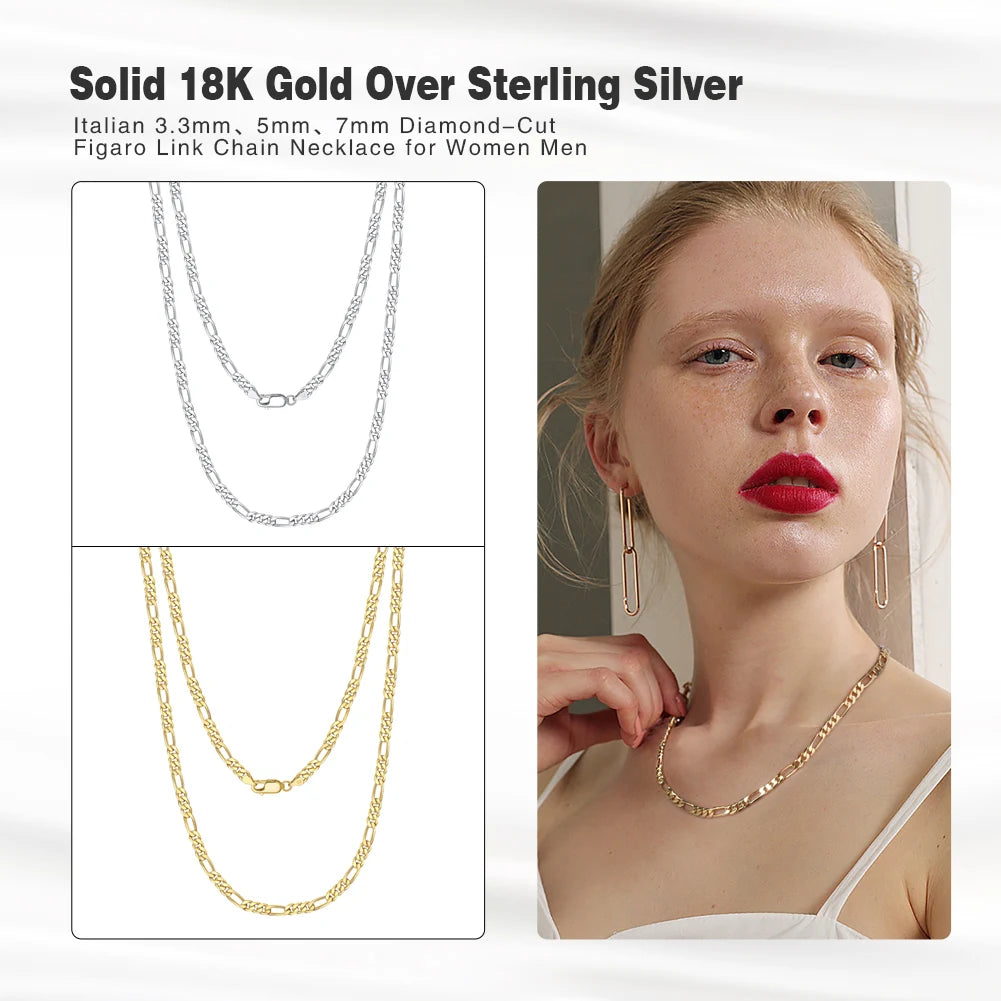 Dazzle Dime® 925 Sterling Silver Figaro Chain Necklace for Men & Women – 3.3mm/5mm/7mm | Rhodium/Gold Plated | Trendy Statement Jewelry