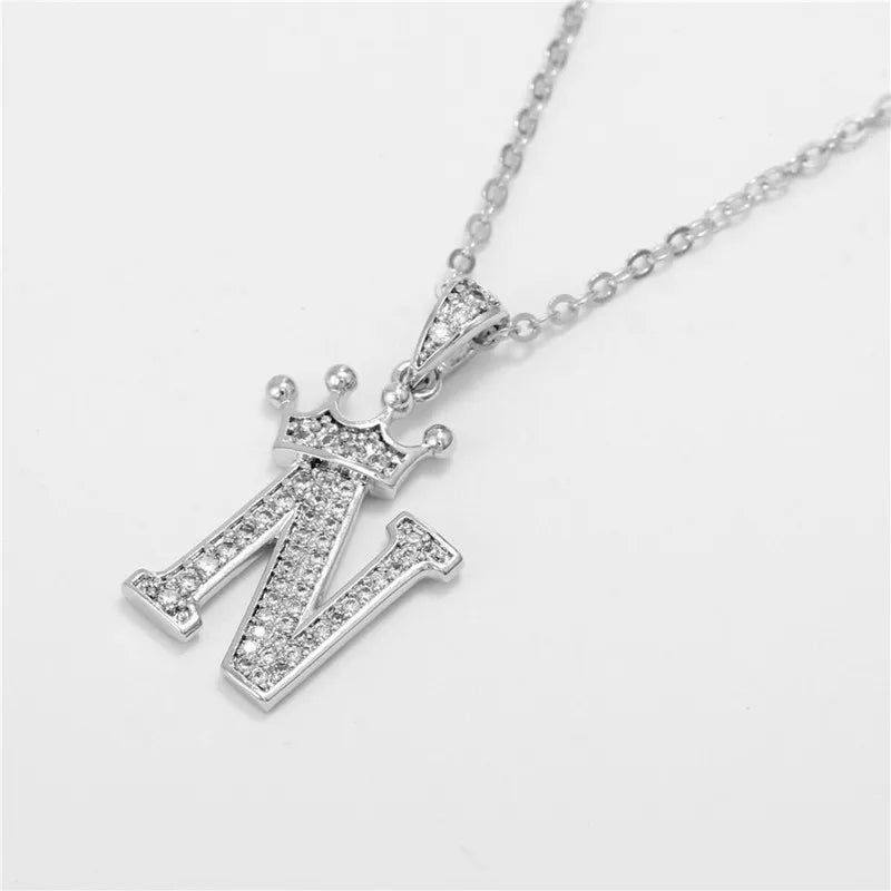 Crown Moissanite Alphabet Pendant Necklace – 925 Sterling Silver A-Z Initials with Gold Plating