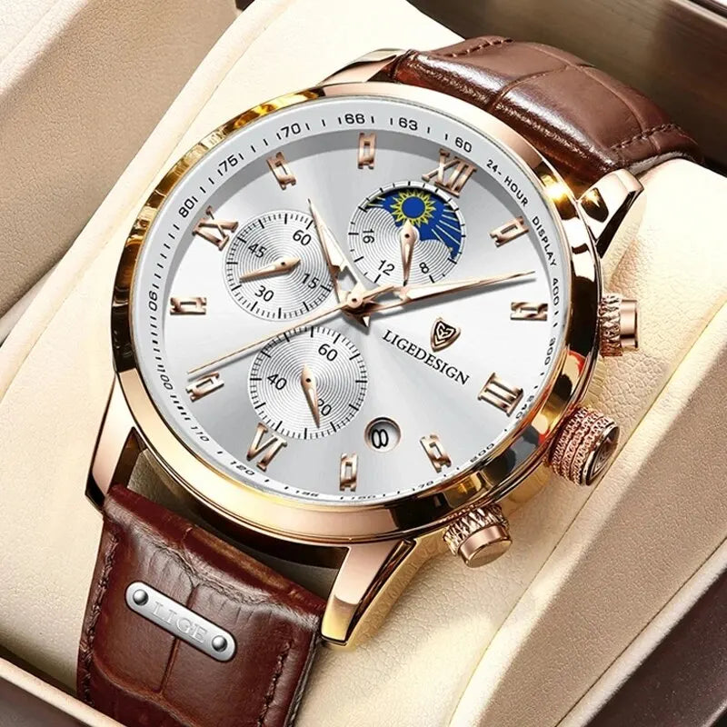 Men's Luxury Leather Sport Chronograph | Waterproof Military Quartz Wristwatch by LIGE