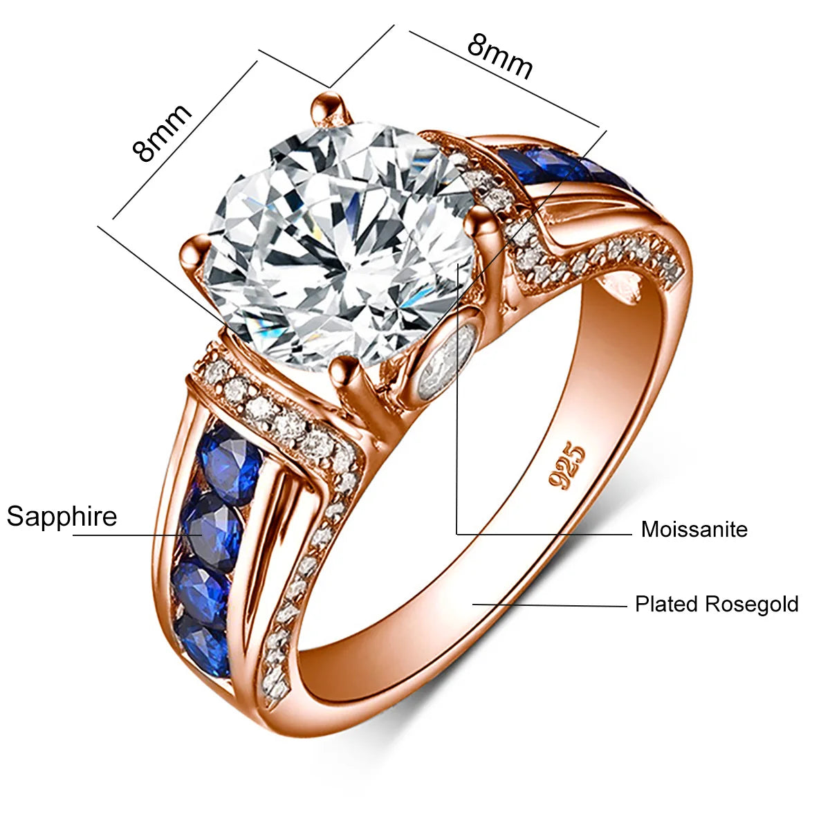 Timeless Elegance: 2ct D-Color VVS1 Moissanite Diamond Ring in 925 Sterling Silver with Sapphire Accents