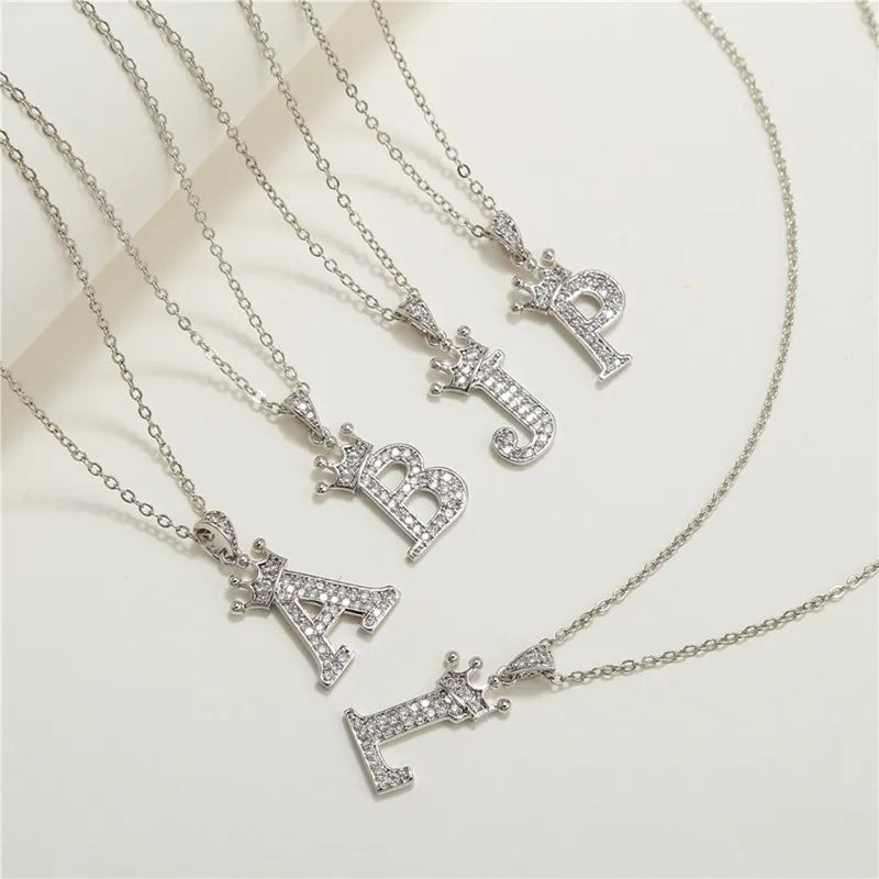 Crown Moissanite Alphabet Pendant Necklace – 925 Sterling Silver A-Z Initials with Gold Plating