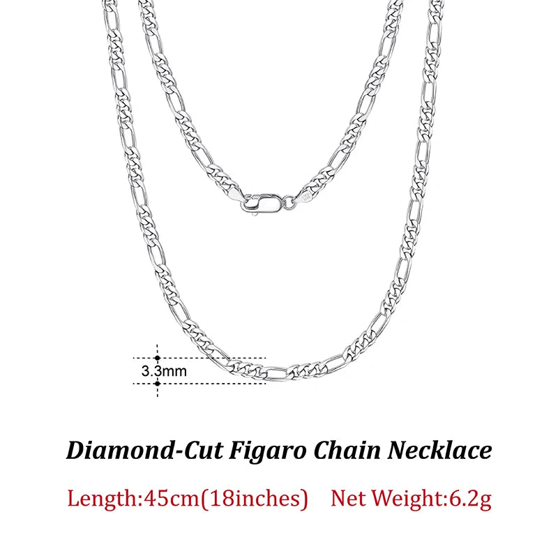 Dazzle Dime® 925 Sterling Silver Figaro Chain Necklace for Men & Women – 3.3mm/5mm/7mm | Rhodium/Gold Plated | Trendy Statement Jewelry