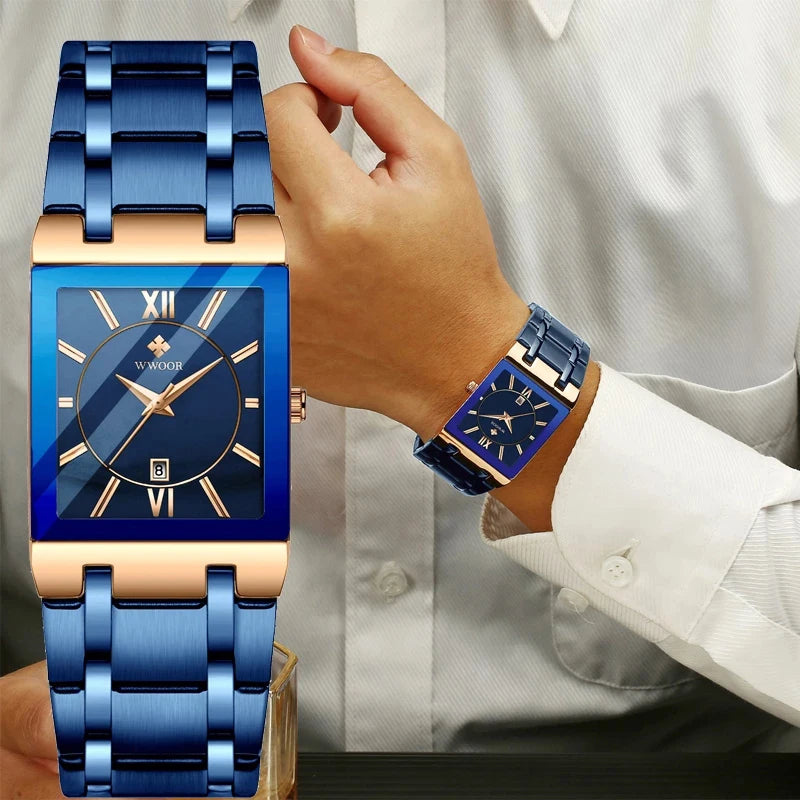 Relogio Masculino New Fashion Watches Men Luxury Square Blue Men'S Wristwatch Stainless Steel Waterproof Quartz Clock Male