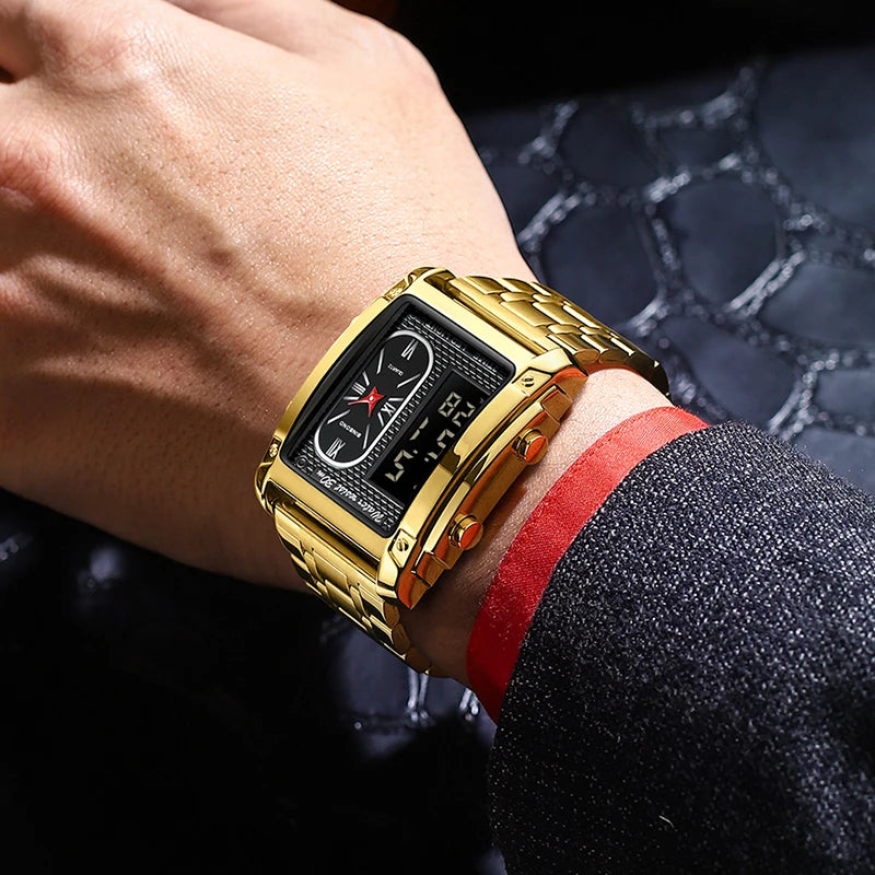 BINBOND Top Brand Luxury Watch for Men - Fashion Quartz Wristwatch Square Gold Stainless Steel Business Clock Relogio Masculino