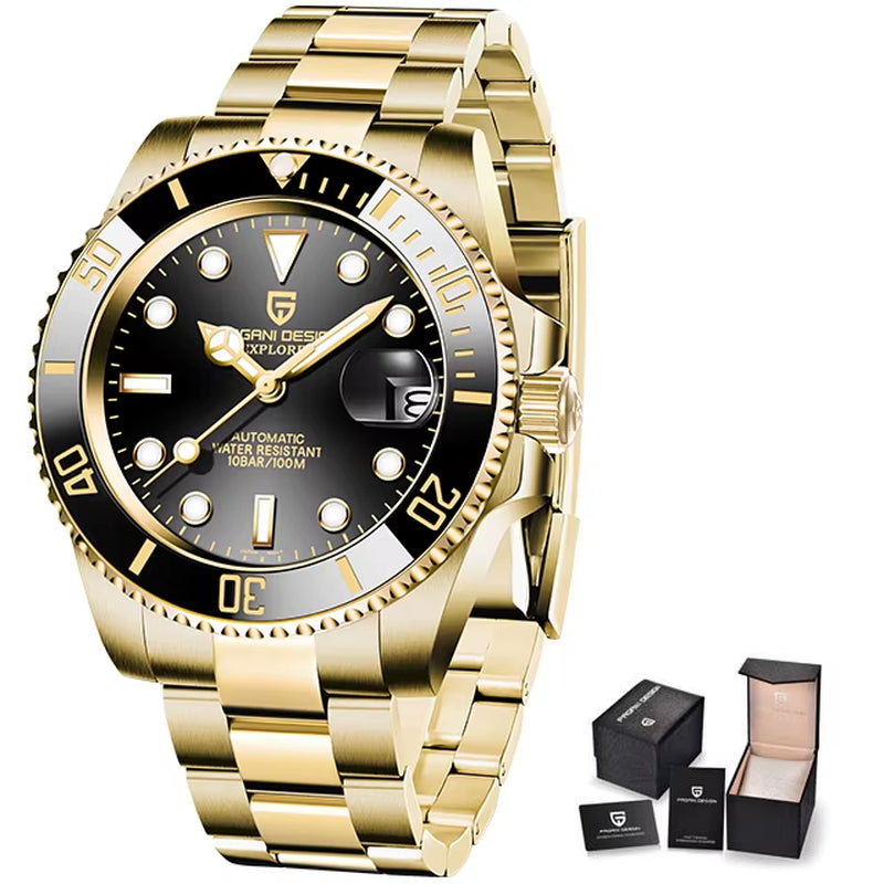 Men's Gold 40MM Automatic Luxury Sapphire Glass Mechanical Watch Stainless Steel Waterproof