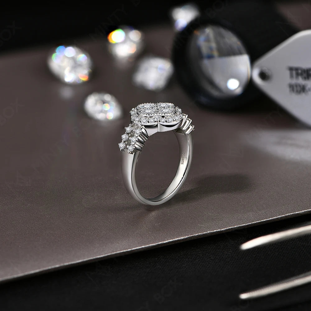 Four-Leaf Moissanite Engagement Ring – 925 Sterling Silver with 18K White Gold Plating | 0.87ct D/VVS1