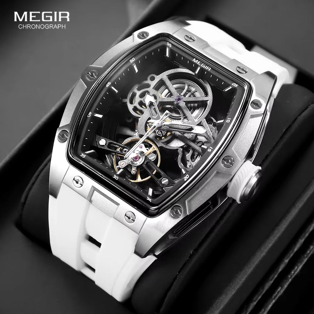 Mechanical Watch for Men Fashion Military Sport Analog Automatic Wristwatch with White Silicone Strap Tonneau Dial