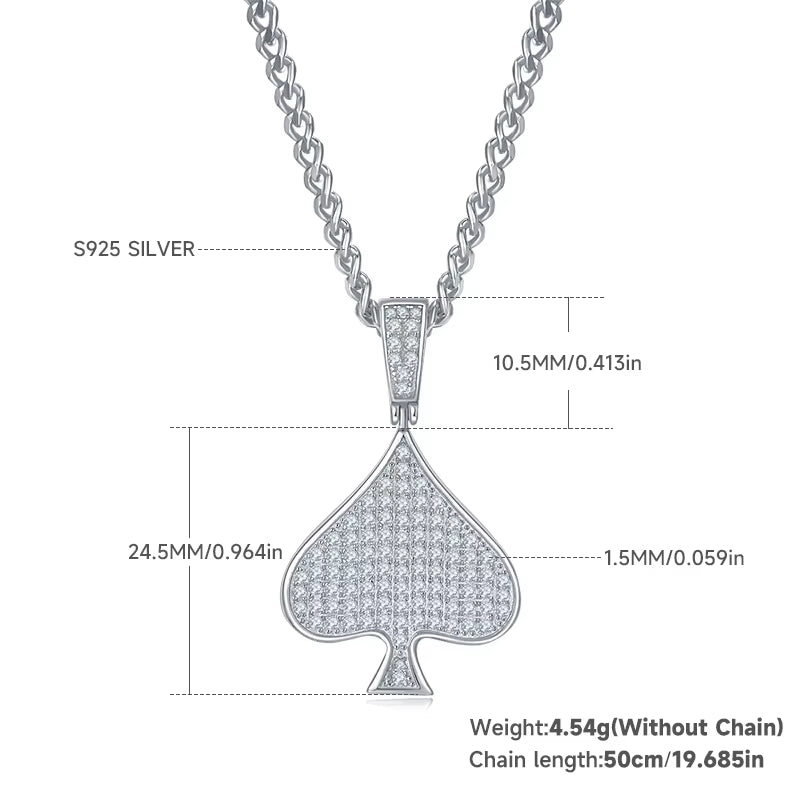 Hot Selling Hip-Hop Rock Men’s Necklace – 925 Sterling Silver with Moissanite Poker Spade Pendant