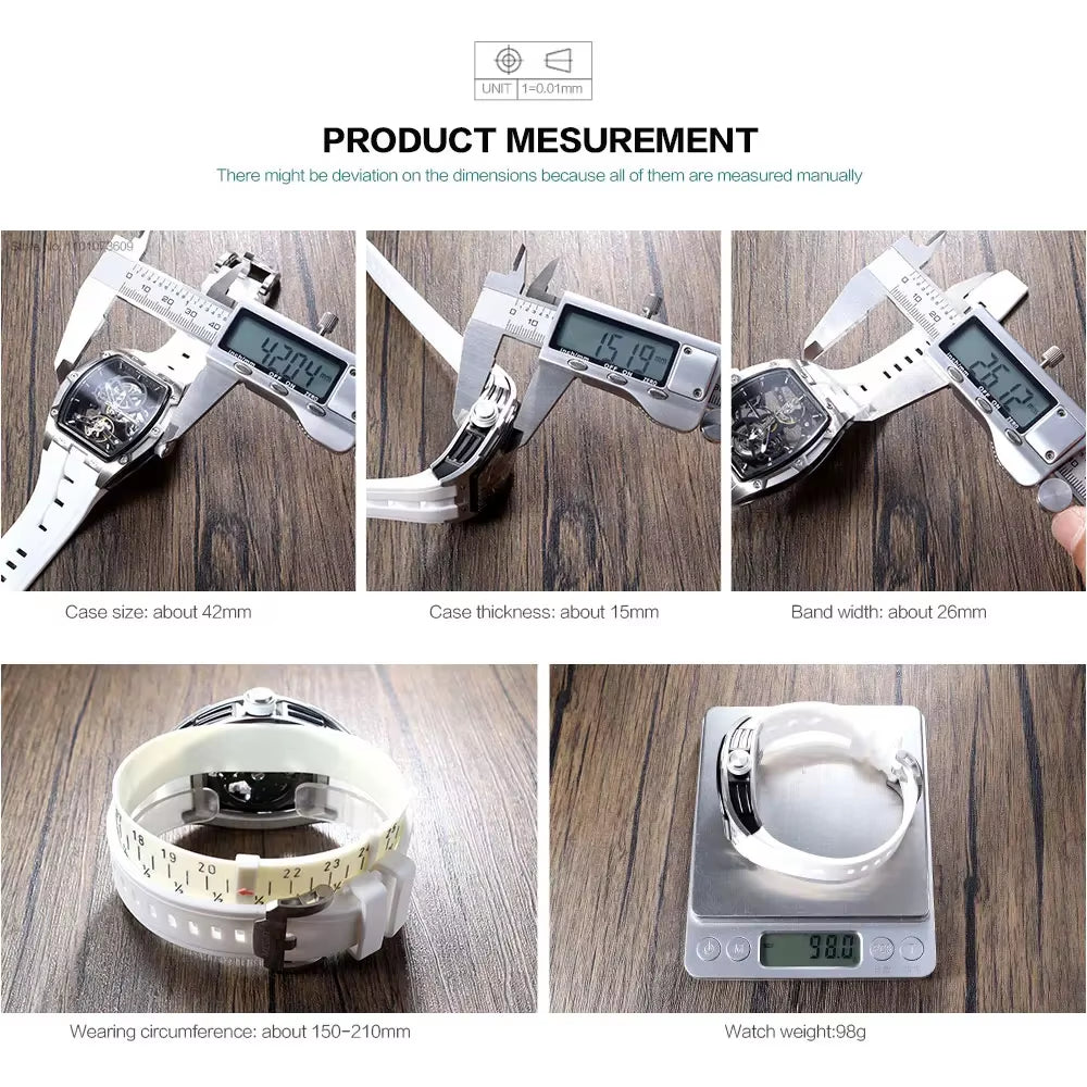 Mechanical Watch for Men Fashion Military Sport Analog Automatic Wristwatch with White Silicone Strap Tonneau Dial