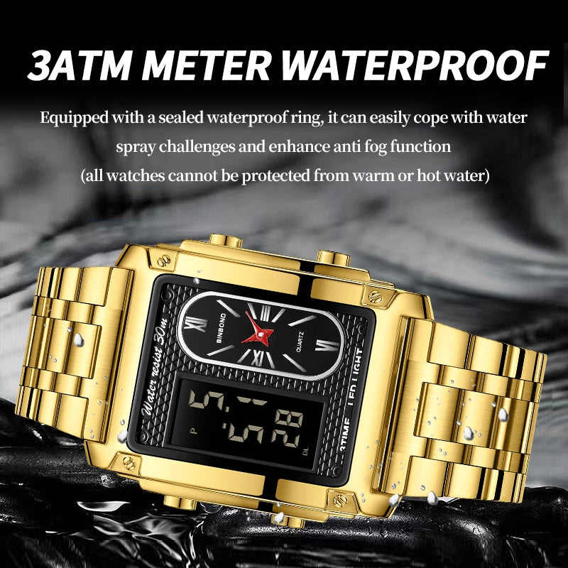 BINBOND Top Brand Luxury Watch for Men - Fashion Quartz Wristwatch Square Gold Stainless Steel Business Clock Relogio Masculino