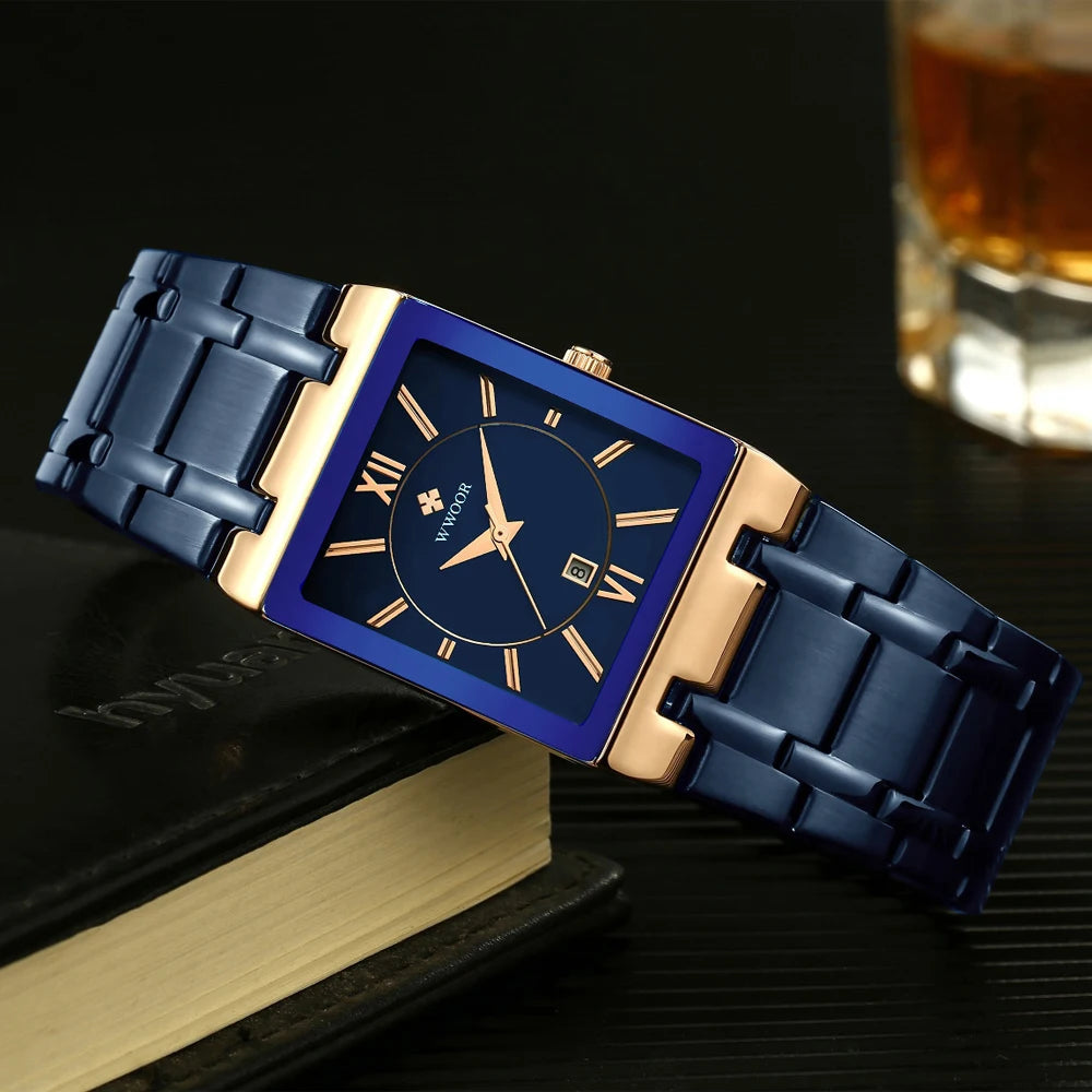 Relogio Masculino New Fashion Watches Men Luxury Square Blue Men'S Wristwatch Stainless Steel Waterproof Quartz Clock Male