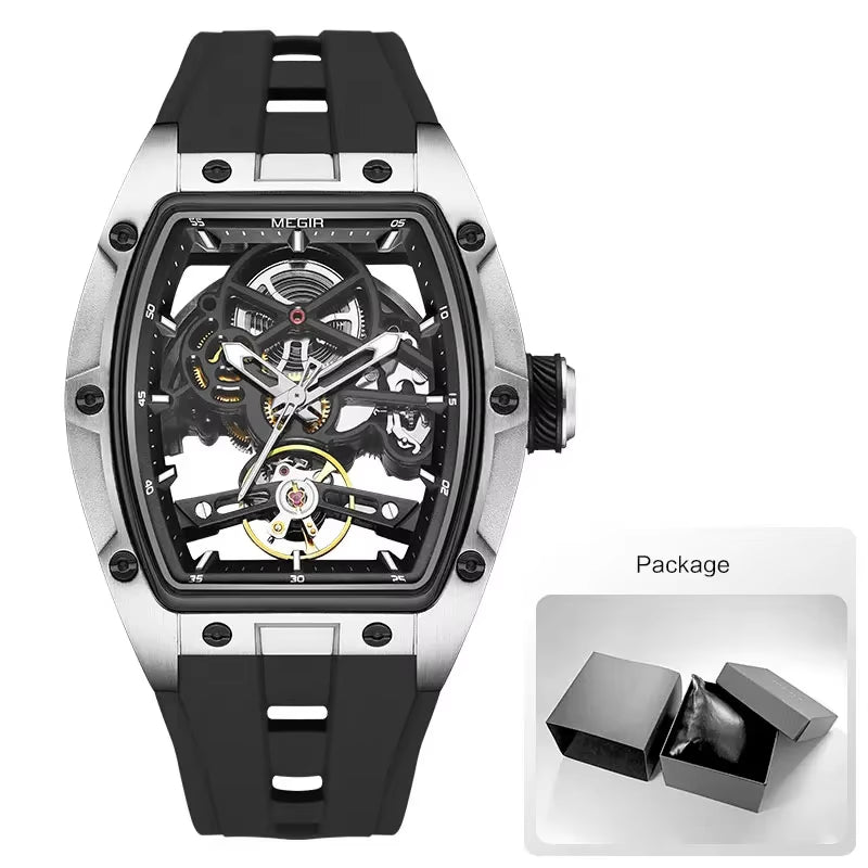 Mechanical Watch for Men Fashion Military Sport Analog Automatic Wristwatch with White Silicone Strap Tonneau Dial