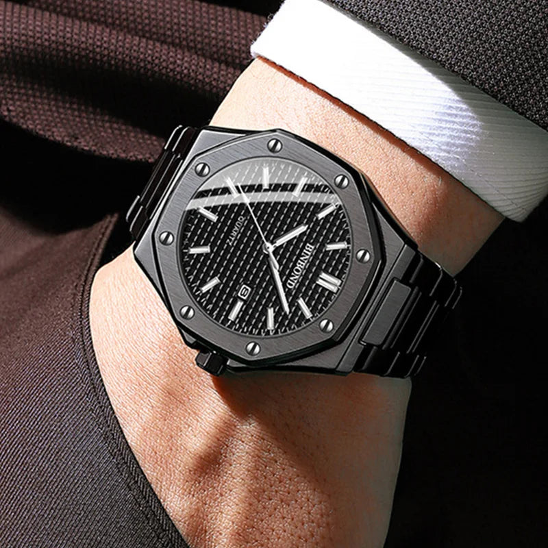 Men'S Quartz Watch Stainless Steel Calendar Waterproof Luxury Luminous Multifunctional Men Wristwatch