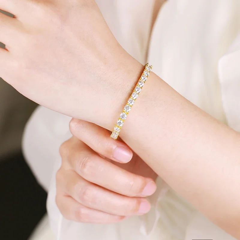 Dazzle Dime 18K Gold Plated Moissanite Tennis Bracelet for 3/4/5Mm Hallmarked Classic S925 Sterling Silver with GRA Certification