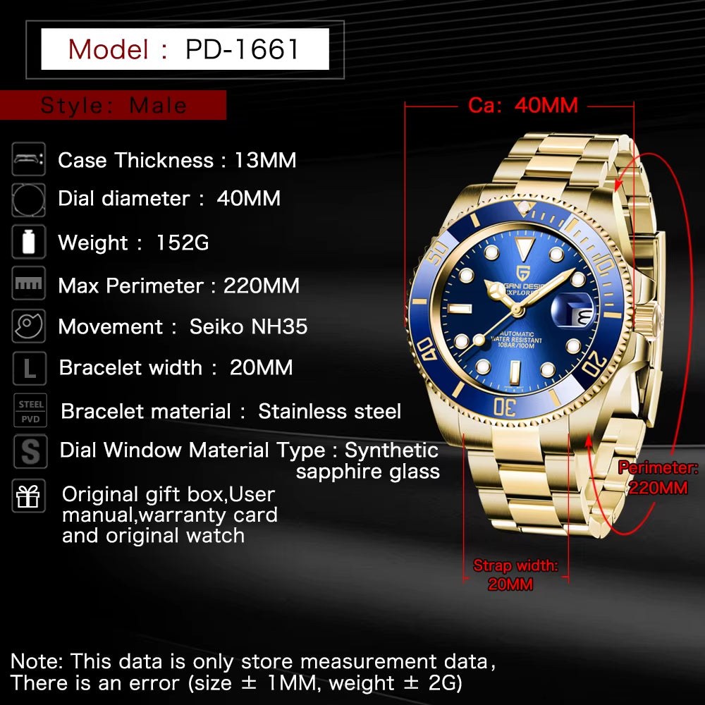 Men's Gold 40MM Automatic Luxury Sapphire Glass Mechanical Watch Stainless Steel Waterproof