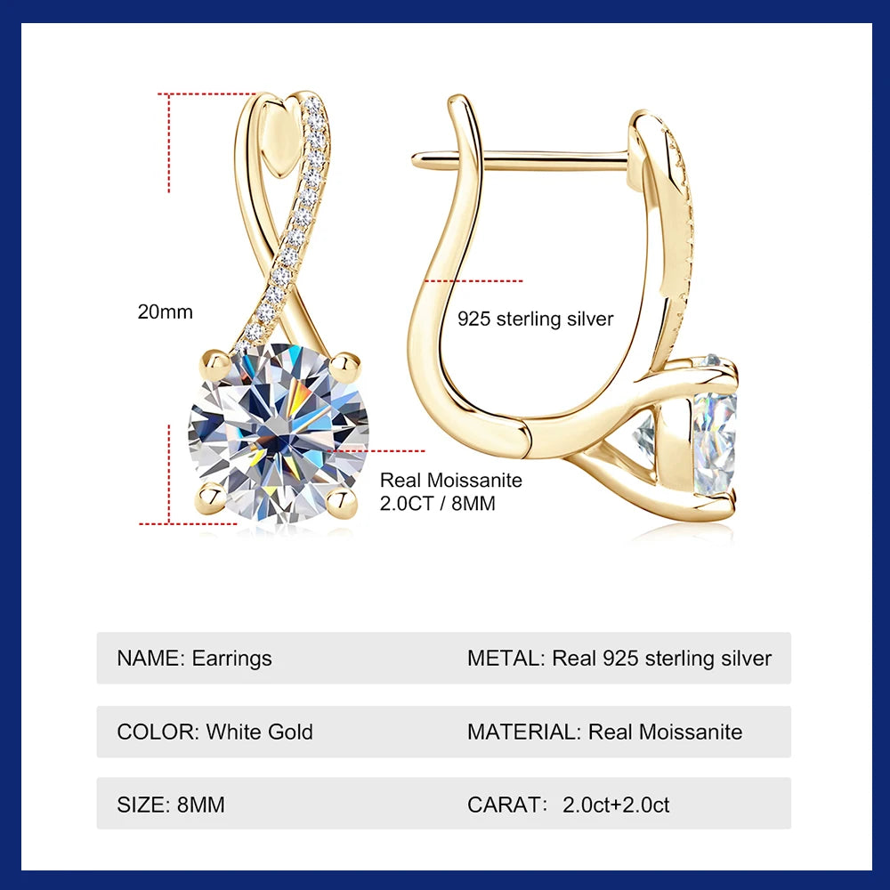 2 Carat Moissanite Hoop Earrings – 925 Sterling Silver with 18K White Gold Plating | GRA Certified