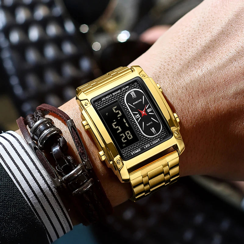BINBOND Top Brand Luxury Watch for Men - Fashion Quartz Wristwatch Square Gold Stainless Steel Business Clock Relogio Masculino