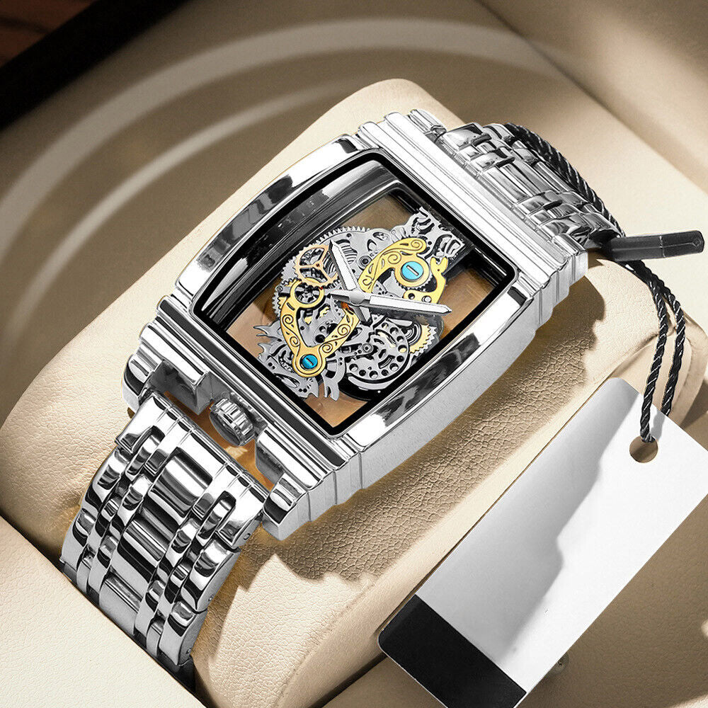 BINBOND Men’s Tonneau Stainless Steel Watch | Hollow Gear Waterproof Quartz Watch