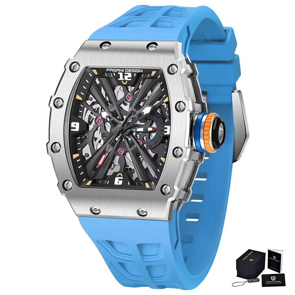 PAGANI DESIGN Men's Quartz Watches VH65 Movt Skeleton Dial 100M Waterproof Sport Rectangle Sapphire Glass