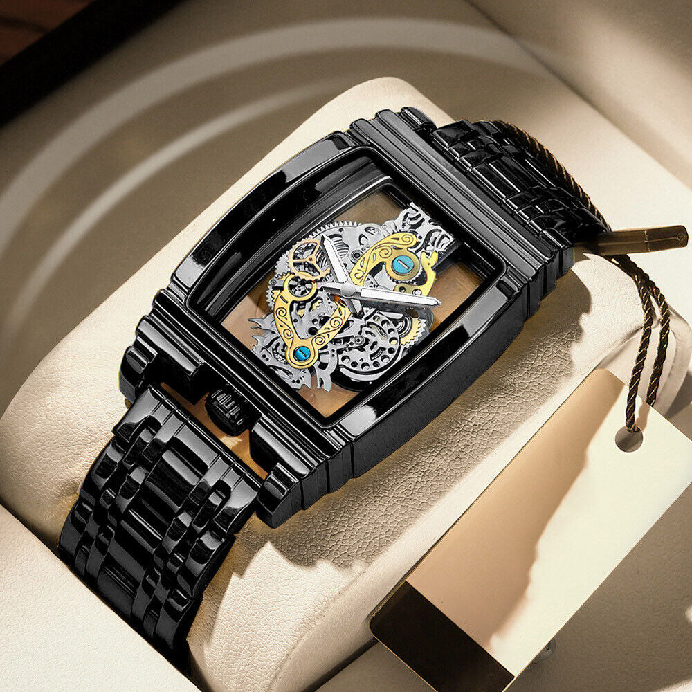 BINBOND Men’s Tonneau Stainless Steel Watch | Hollow Gear Waterproof Quartz Watch