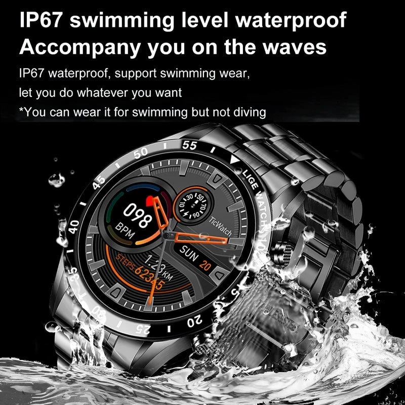 Men’s Luxury Steel Band Bluetooth Smartwatch | Waterproof Full Touch Screen Fitness Tracker with Call Function